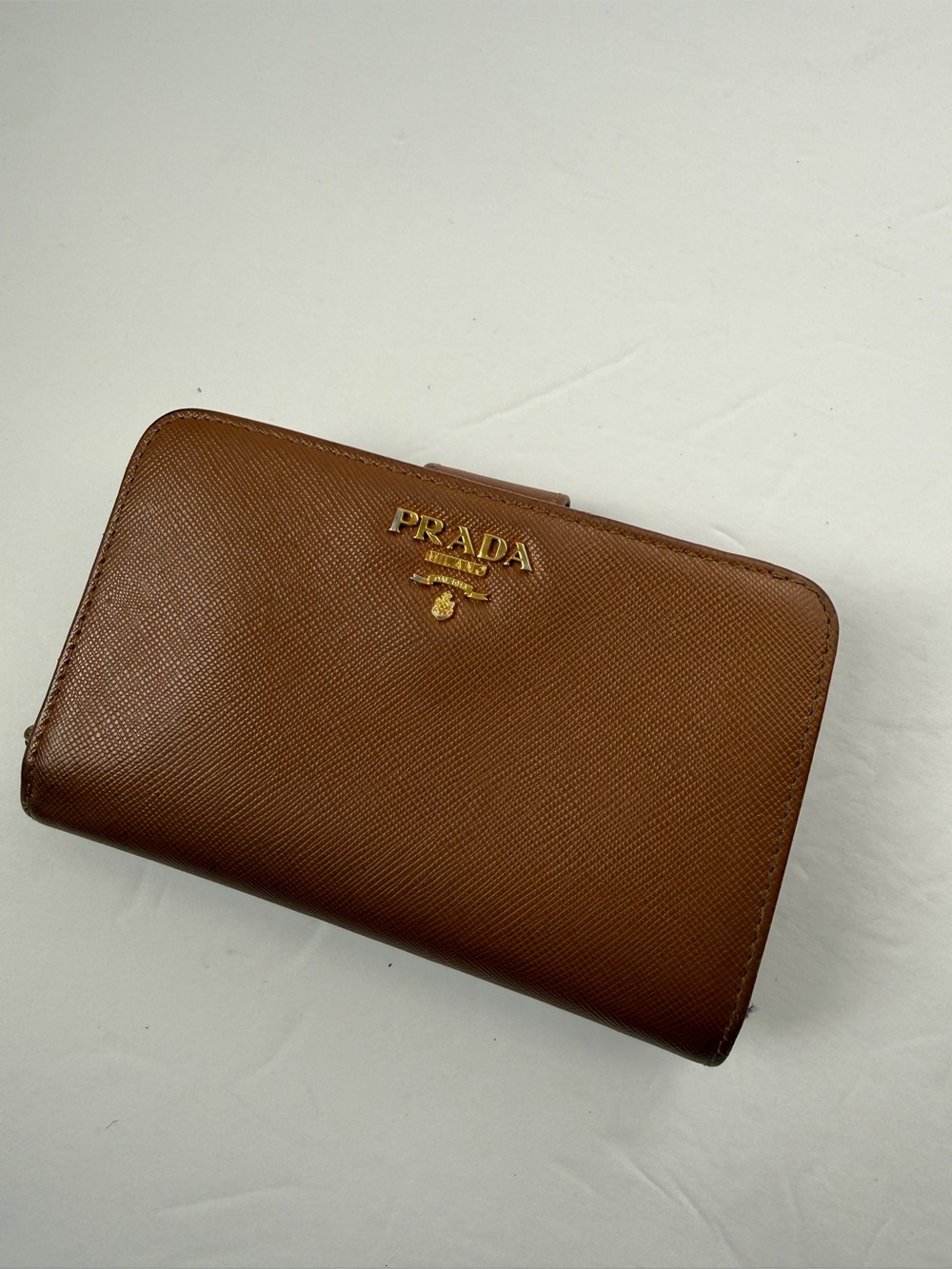 Prada Tan Saffiano Leather Zip-Around Wallet Purse with Gold Logo Women
